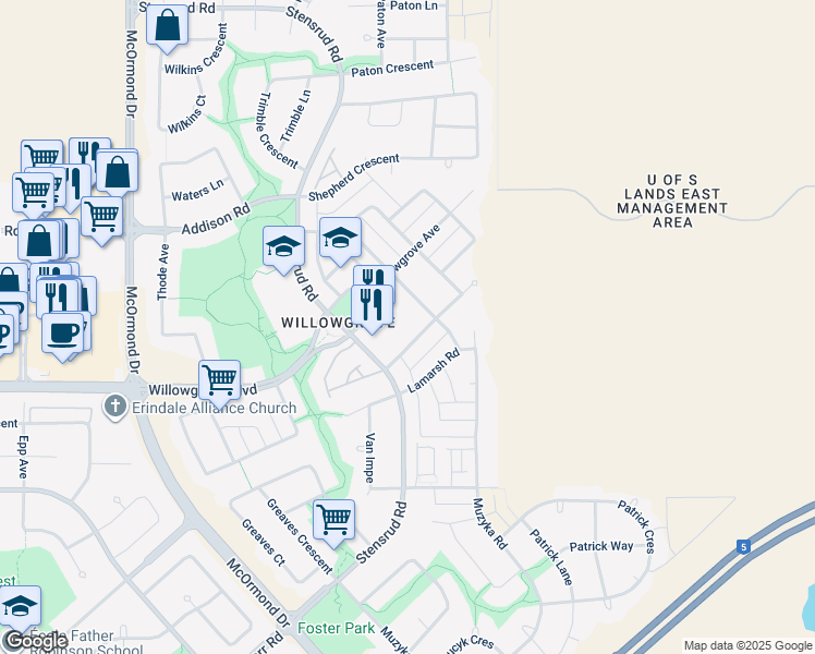 map of restaurants, bars, coffee shops, grocery stores, and more near 115 Willowgrove Crescent in Saskatoon