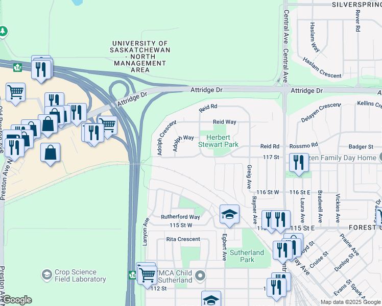 map of restaurants, bars, coffee shops, grocery stores, and more near 182 Adolph Crescent in Saskatoon