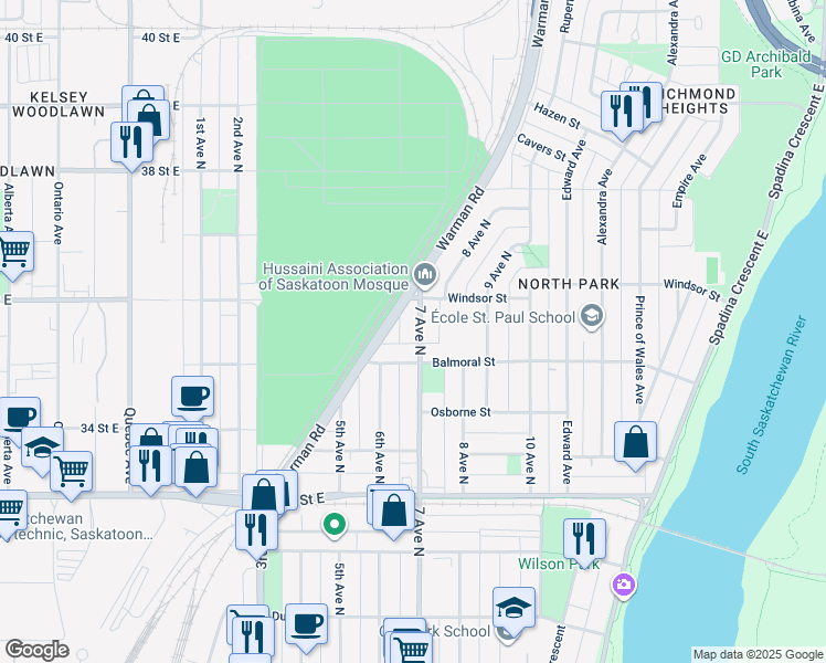 map of restaurants, bars, coffee shops, grocery stores, and more near 1517 7 Avenue North in Saskatoon