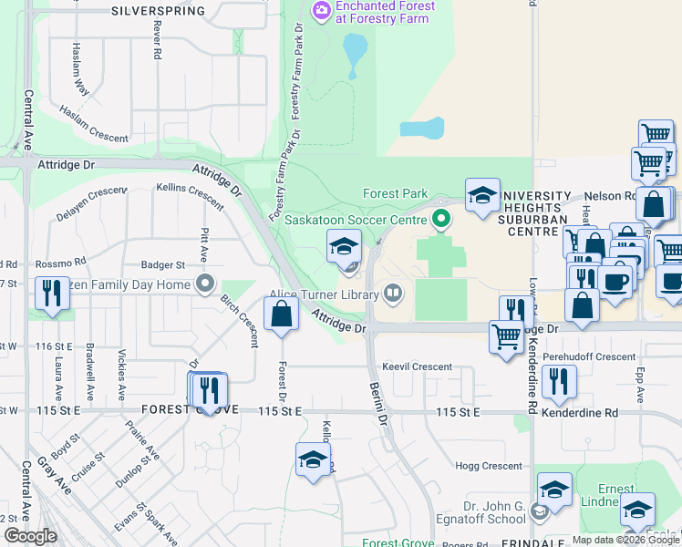 map of restaurants, bars, coffee shops, grocery stores, and more near 115 Nelson Road in Saskatoon