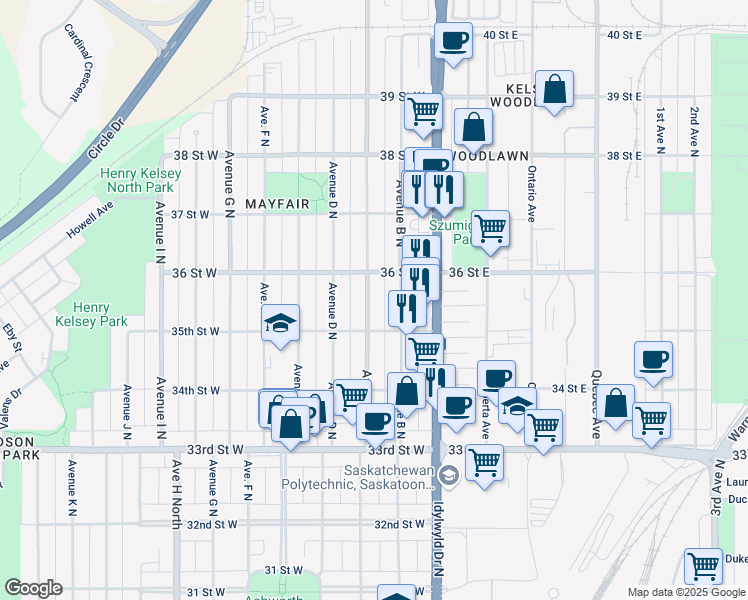 map of restaurants, bars, coffee shops, grocery stores, and more near 1422 Avenue C North in Saskatoon