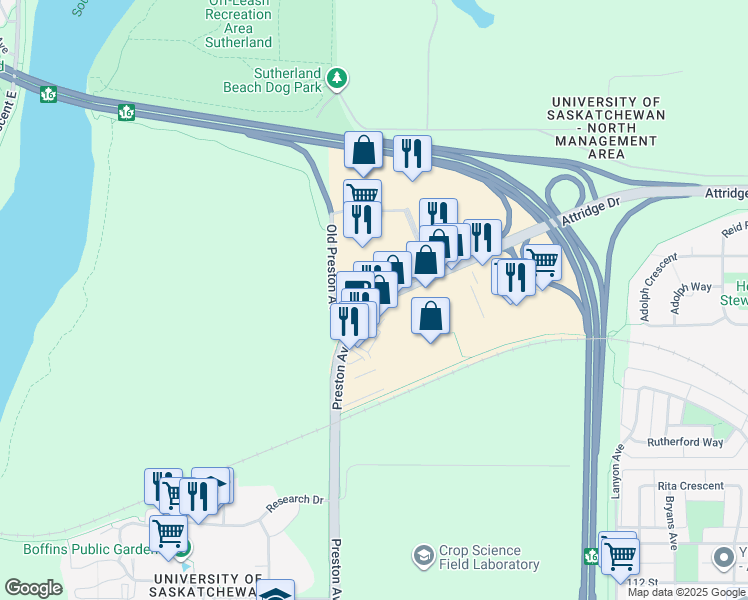 map of restaurants, bars, coffee shops, grocery stores, and more near 1075 Preston Avenue North in Saskatoon