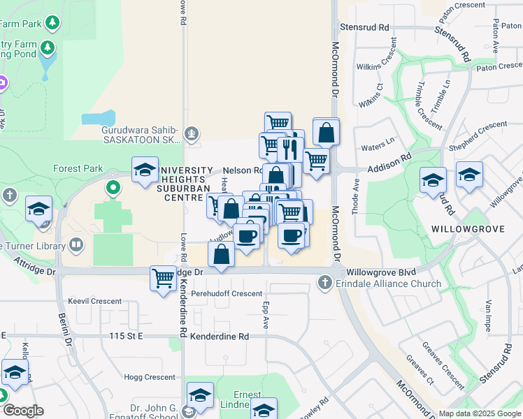 map of restaurants, bars, coffee shops, grocery stores, and more near 222 Heal Avenue in Saskatoon