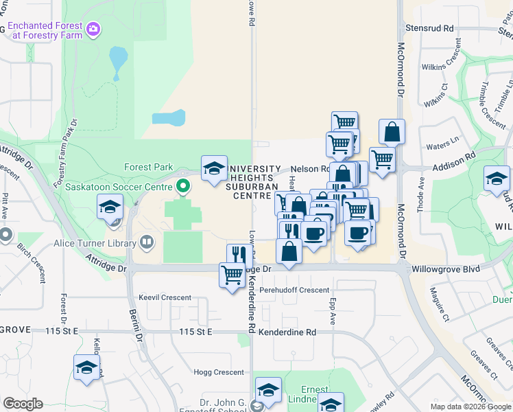 map of restaurants, bars, coffee shops, grocery stores, and more near in Saskatoon