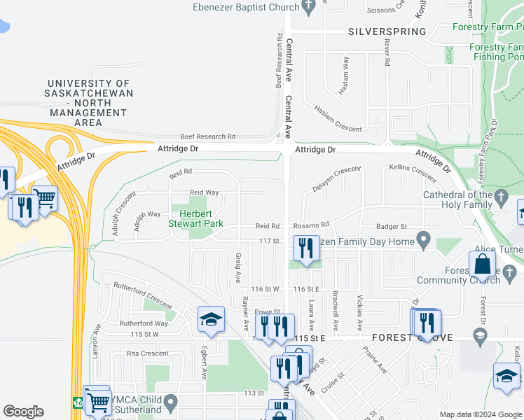 map of restaurants, bars, coffee shops, grocery stores, and more near 735 Reid Terrace in Saskatoon