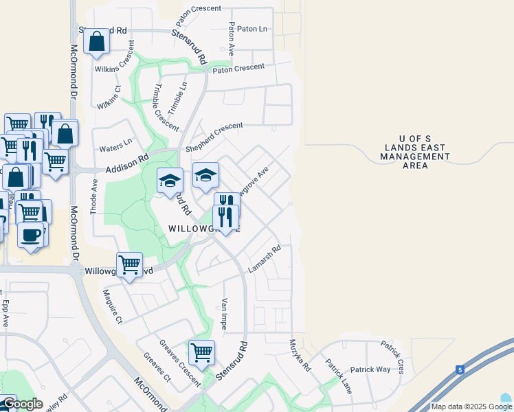 map of restaurants, bars, coffee shops, grocery stores, and more near in Saskatoon