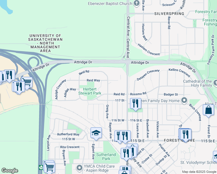 map of restaurants, bars, coffee shops, grocery stores, and more near 543-c Reid Terrace in Saskatoon