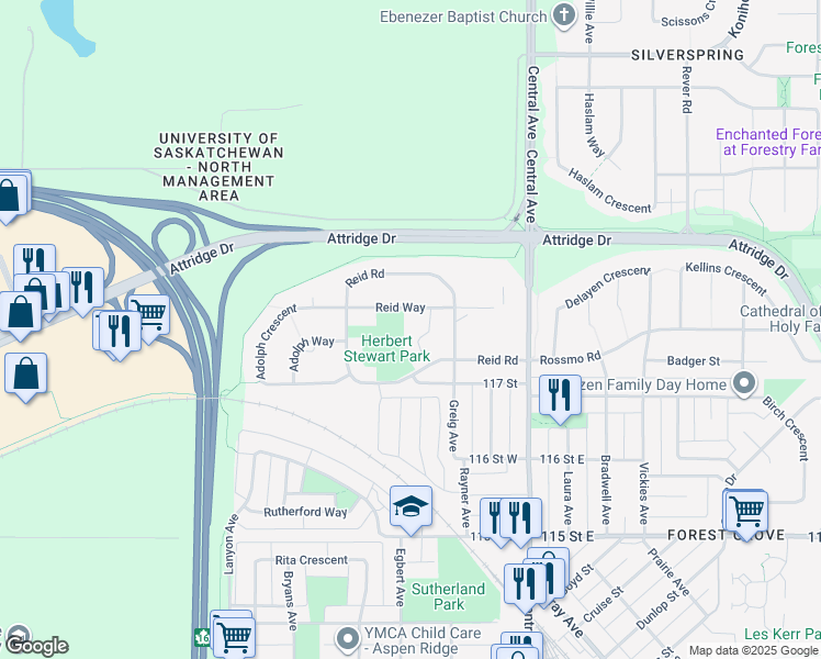 map of restaurants, bars, coffee shops, grocery stores, and more near 535 Reid Way in Saskatoon