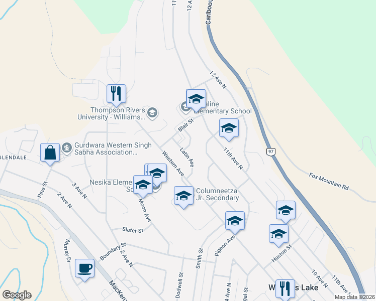 map of restaurants, bars, coffee shops, grocery stores, and more near 1154 Latin Avenue in Williams Lake