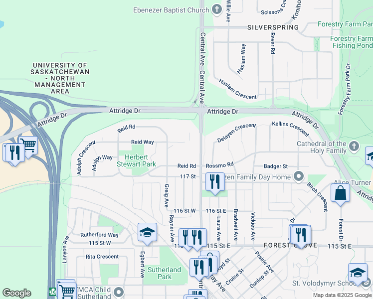 map of restaurants, bars, coffee shops, grocery stores, and more near 735 Reid Terrace in Saskatoon