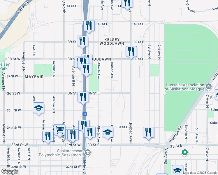 map of restaurants, bars, coffee shops, grocery stores, and more near 1505 Ontario Avenue in Saskatoon