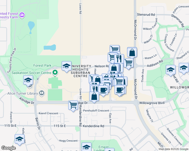 map of restaurants, bars, coffee shops, grocery stores, and more near 236 Heath Avenue in Saskatoon