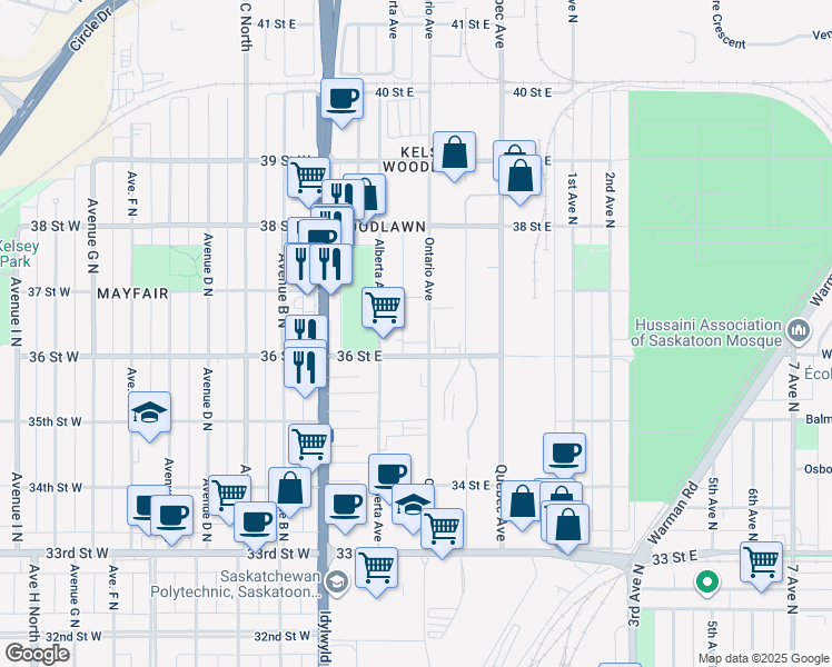 map of restaurants, bars, coffee shops, grocery stores, and more near 1505 Ontario Avenue in Saskatoon
