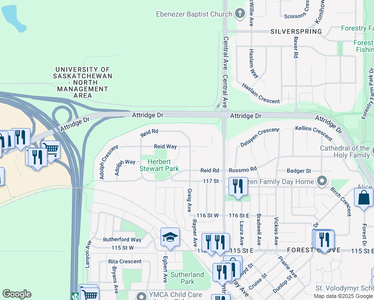 map of restaurants, bars, coffee shops, grocery stores, and more near 543-c Reid Terrace in Saskatoon