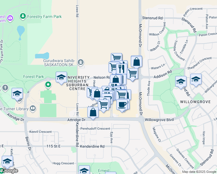 map of restaurants, bars, coffee shops, grocery stores, and more near 222 Heal Avenue in Saskatoon