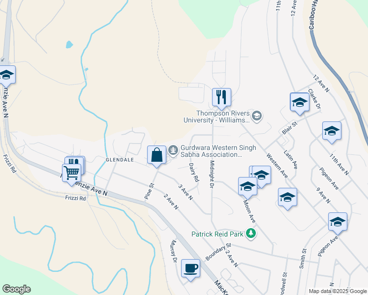 map of restaurants, bars, coffee shops, grocery stores, and more near 1073 Dairy Road in Williams Lake