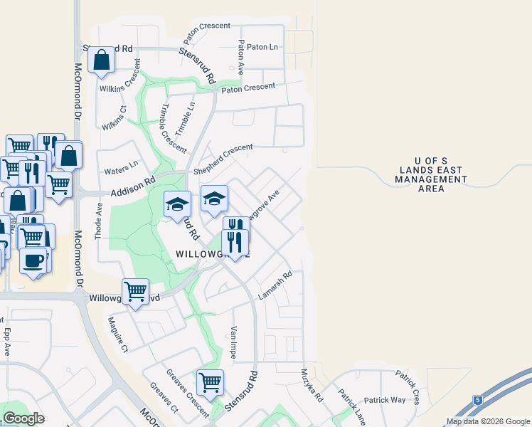 map of restaurants, bars, coffee shops, grocery stores, and more near 651 Willowgrove Crescent in Saskatoon