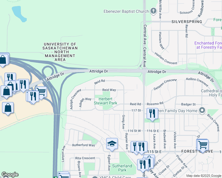 map of restaurants, bars, coffee shops, grocery stores, and more near 535 Reid Way in Saskatoon
