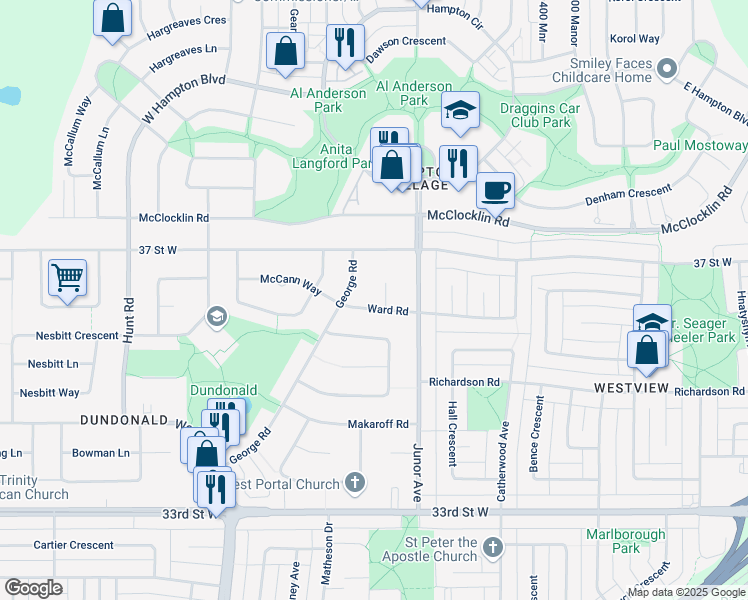 map of restaurants, bars, coffee shops, grocery stores, and more near 130 Ward Road in Saskatoon