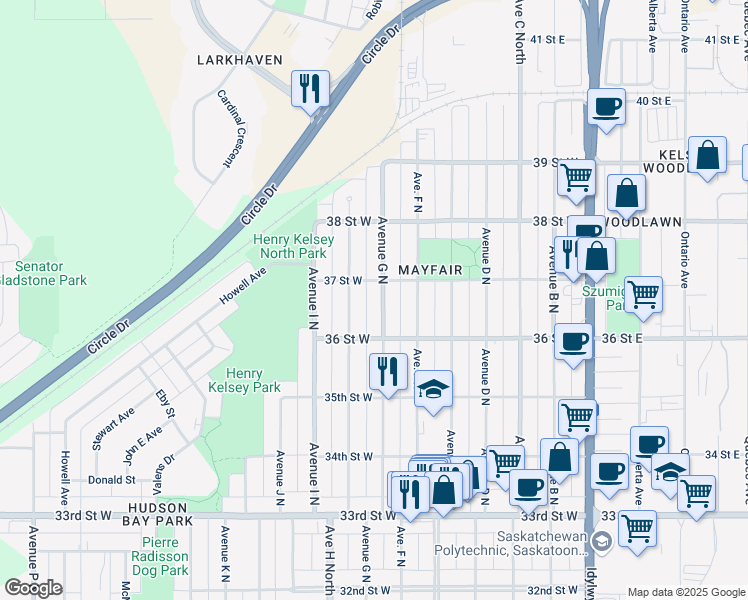 map of restaurants, bars, coffee shops, grocery stores, and more near 1527 Avenue G North in Saskatoon