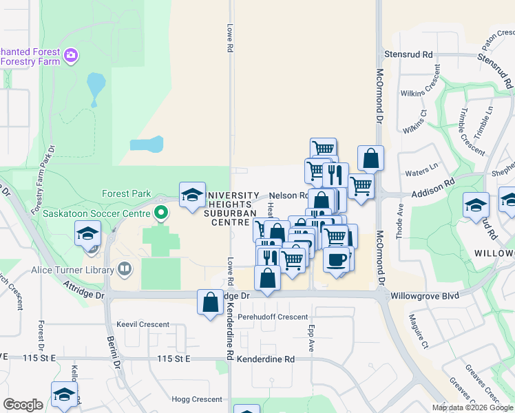 map of restaurants, bars, coffee shops, grocery stores, and more near 218 Heath Avenue in Saskatoon