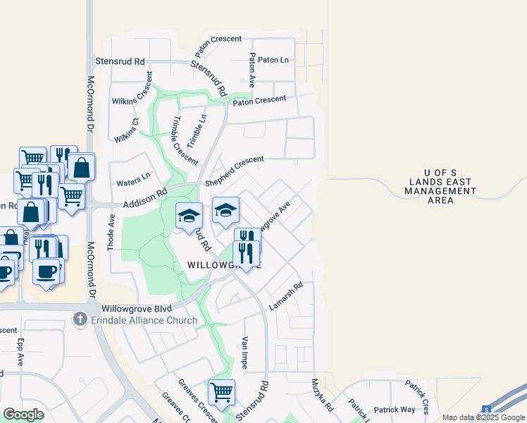 map of restaurants, bars, coffee shops, grocery stores, and more near 815 Willowgrove Crescent in Saskatoon