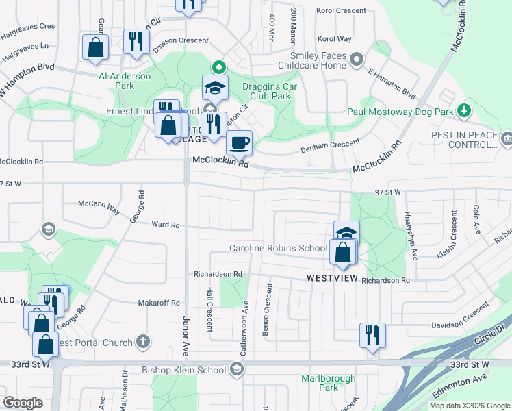 map of restaurants, bars, coffee shops, grocery stores, and more near 626 Peterson Crescent in Saskatoon