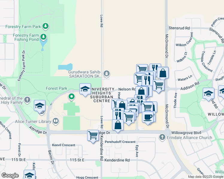 map of restaurants, bars, coffee shops, grocery stores, and more near 315 Nelson Road in Saskatoon