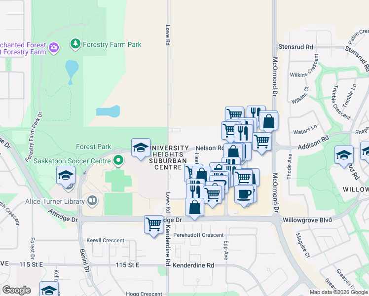 map of restaurants, bars, coffee shops, grocery stores, and more near 315 Nelson Road in Saskatoon