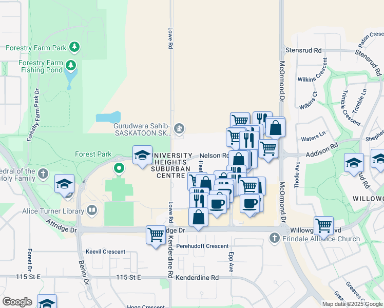 map of restaurants, bars, coffee shops, grocery stores, and more near 315 Nelson Road in Saskatoon