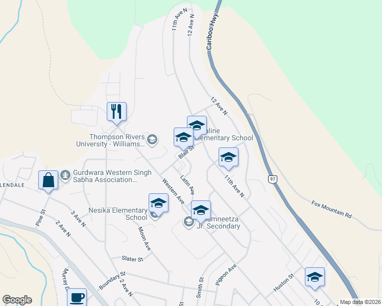 map of restaurants, bars, coffee shops, grocery stores, and more near 1180 Blair Street in Williams Lake