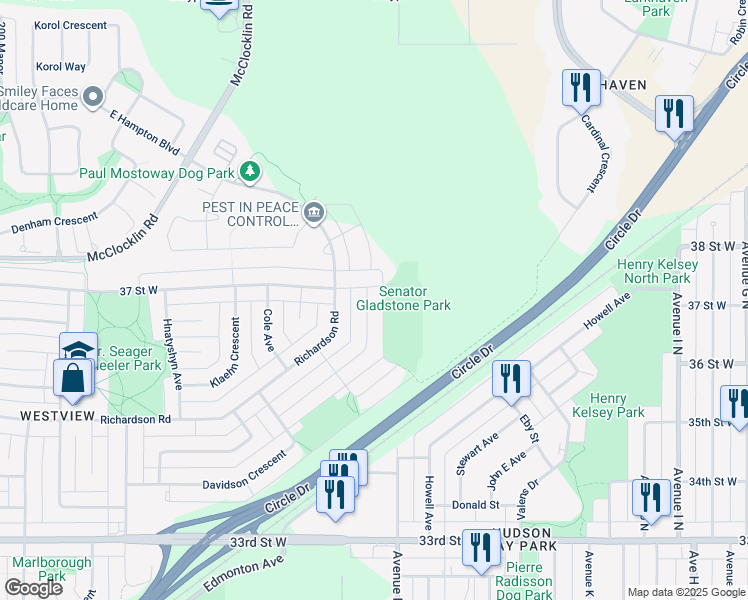 map of restaurants, bars, coffee shops, grocery stores, and more near 11 Ross Crescent in Saskatoon