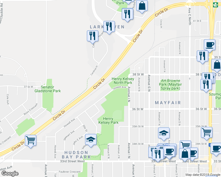 map of restaurants, bars, coffee shops, grocery stores, and more near 109 Howell Avenue in Saskatoon