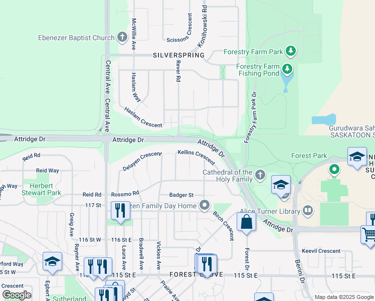 map of restaurants, bars, coffee shops, grocery stores, and more near 162 Kellins Crescent in Saskatoon