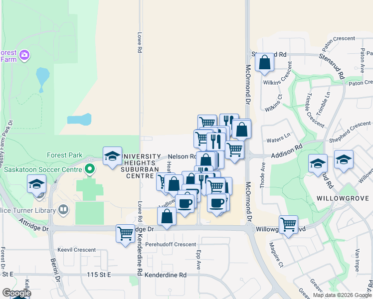 map of restaurants, bars, coffee shops, grocery stores, and more near 431 Nelson Road in Saskatoon