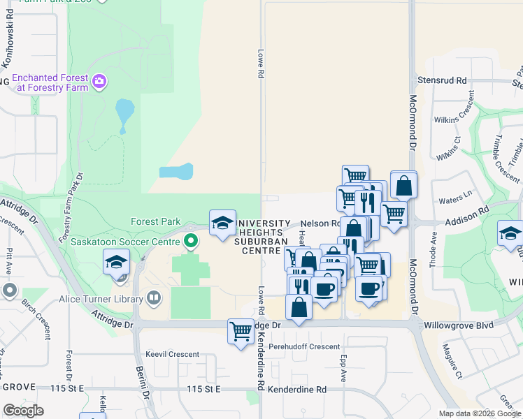 map of restaurants, bars, coffee shops, grocery stores, and more near 331 Lowe Road in Saskatoon