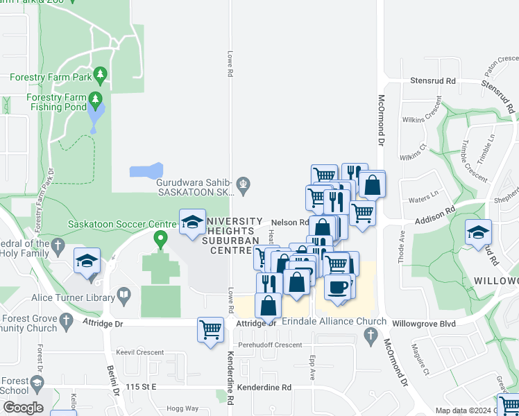 map of restaurants, bars, coffee shops, grocery stores, and more near 315 Nelson Road in Saskatoon