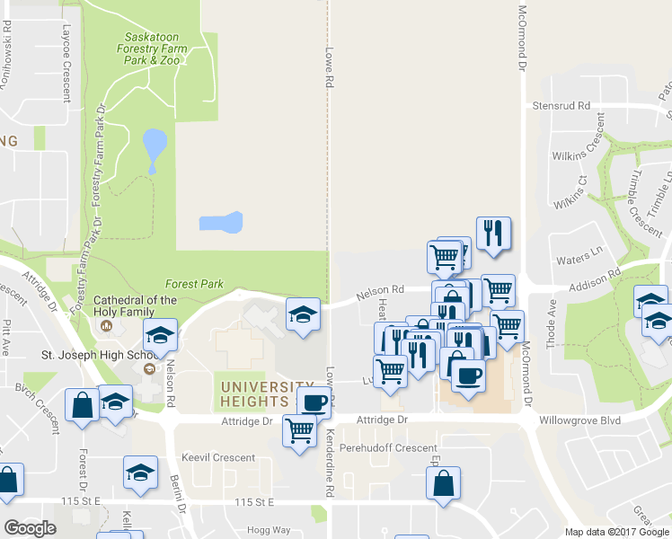 map of restaurants, bars, coffee shops, grocery stores, and more near 331 Lowe Road in Saskatoon
