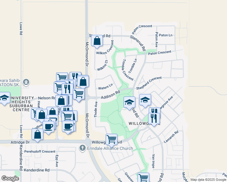 map of restaurants, bars, coffee shops, grocery stores, and more near 247 Addison Road in Saskatoon