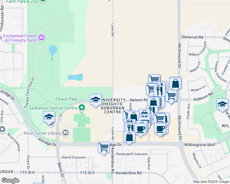 map of restaurants, bars, coffee shops, grocery stores, and more near 331 Lowe Road in Saskatoon