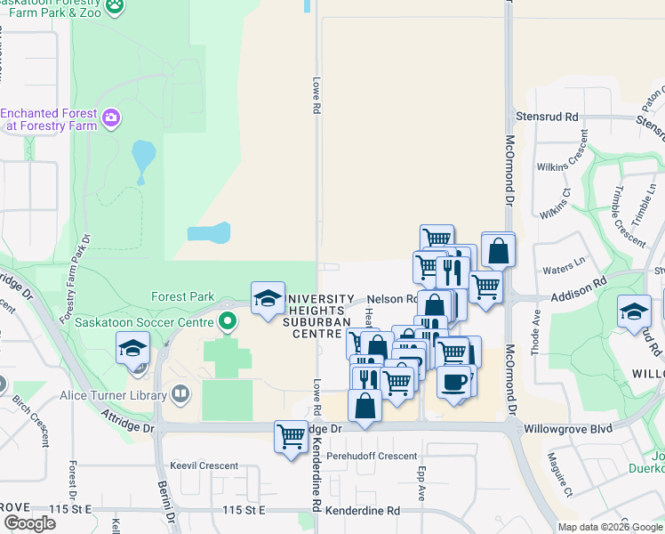 map of restaurants, bars, coffee shops, grocery stores, and more near 331 Lowe Road in Saskatoon