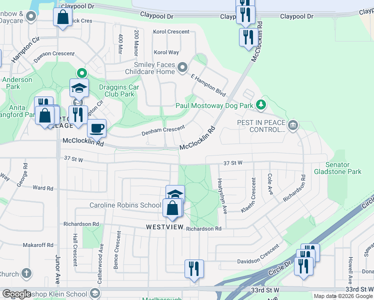 map of restaurants, bars, coffee shops, grocery stores, and more near 2315 McClocklin Road in Saskatoon