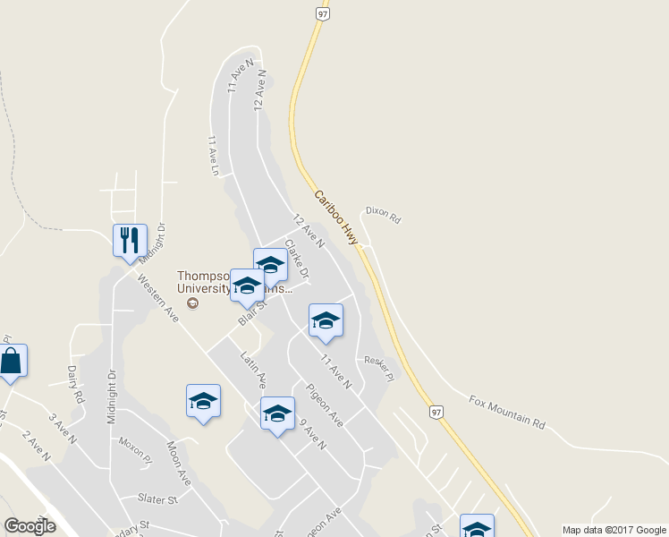 map of restaurants, bars, coffee shops, grocery stores, and more near 1215 12 Avenue North in Williams Lake