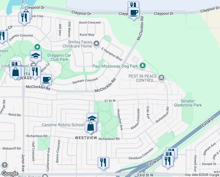 map of restaurants, bars, coffee shops, grocery stores, and more near 927 Denham Close in Saskatoon