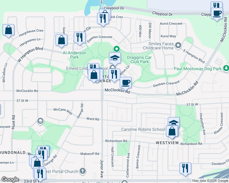 map of restaurants, bars, coffee shops, grocery stores, and more near 2950 McClocklin Road in Saskatoon