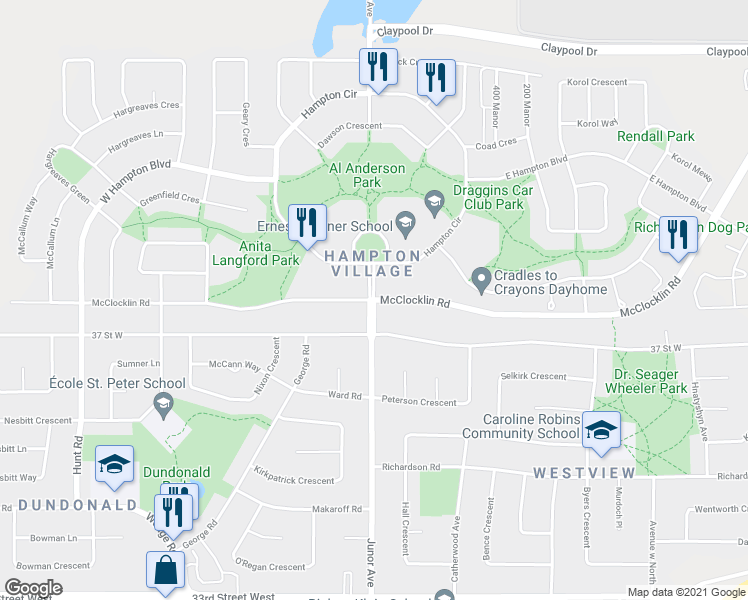 map of restaurants, bars, coffee shops, grocery stores, and more near McClocklin Road in Saskatoon