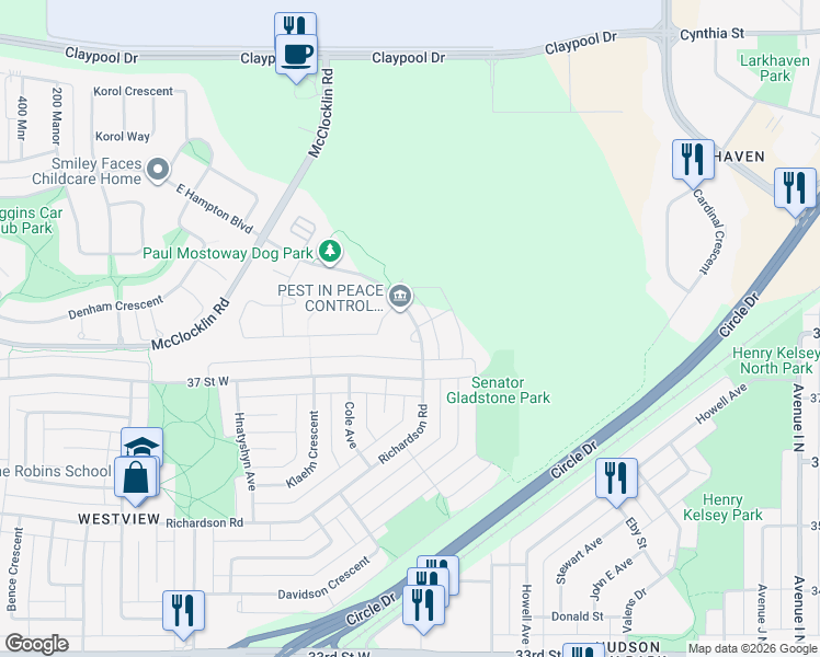map of restaurants, bars, coffee shops, grocery stores, and more near 1602 Richardson Road in Saskatoon