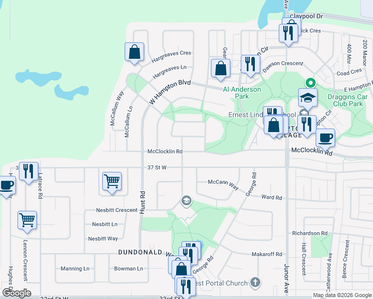 map of restaurants, bars, coffee shops, grocery stores, and more near 3286 McClocklin Road in Saskatoon