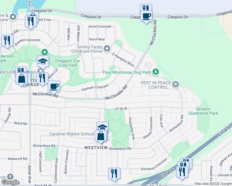 map of restaurants, bars, coffee shops, grocery stores, and more near 927 Denham Close in Saskatoon