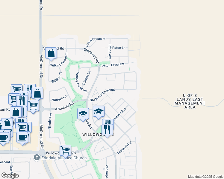 map of restaurants, bars, coffee shops, grocery stores, and more near Shepherd Crescent in Saskatoon